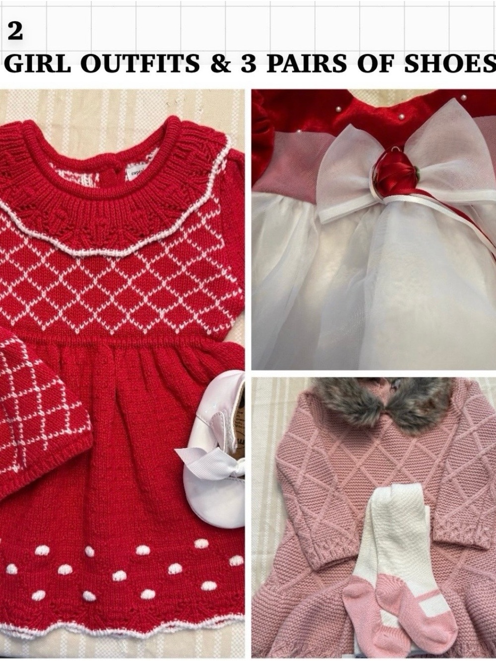 Red Knit Heart-Pattern Girls Dress with White Accents